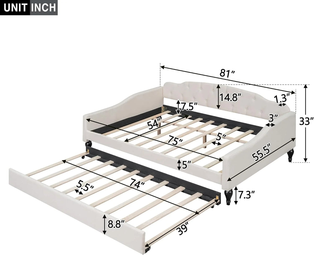 Beige Upholstered Full Daybed Frame with Trundle J57166