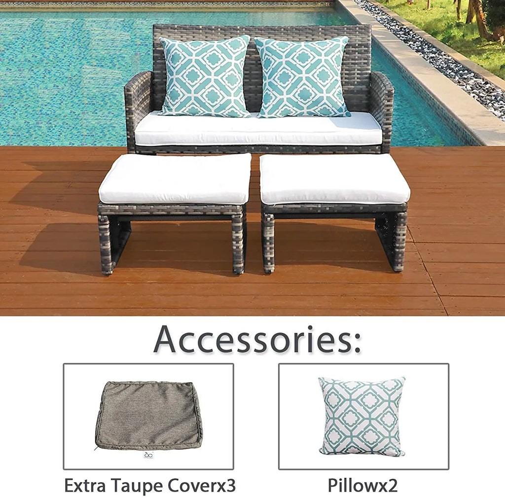 Grey Wicker Rattan Outdoor Loveseat with White Cushions D9345