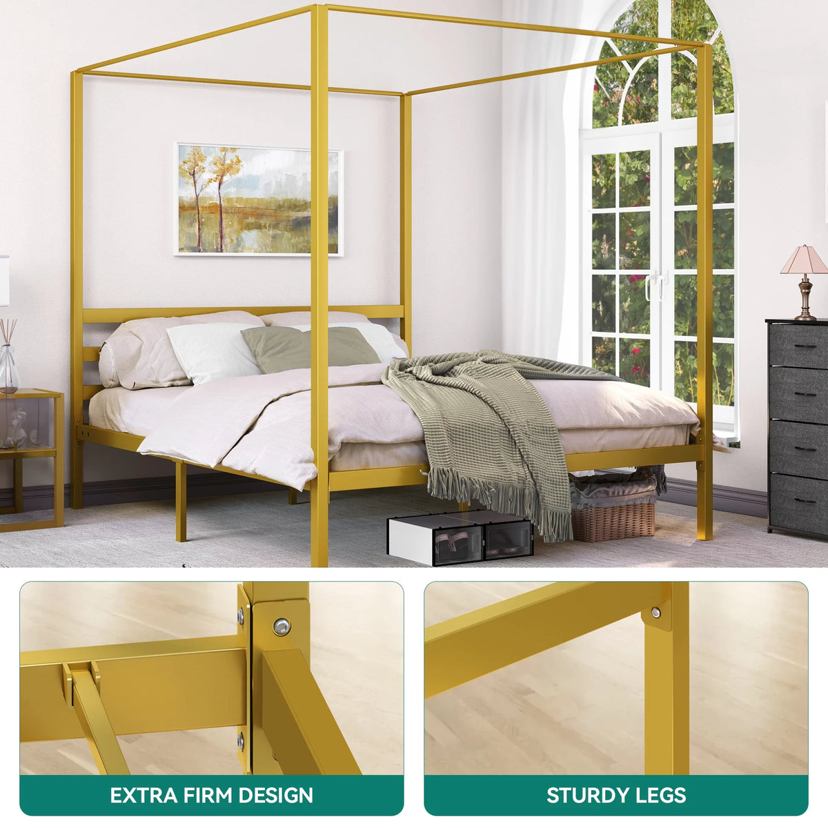 Queen Size Gold Metal Canopy Bed Frame V839