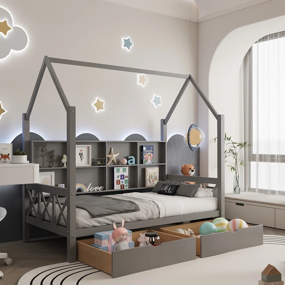 Twin House Bed with Trundle and Storage Shelve P63071