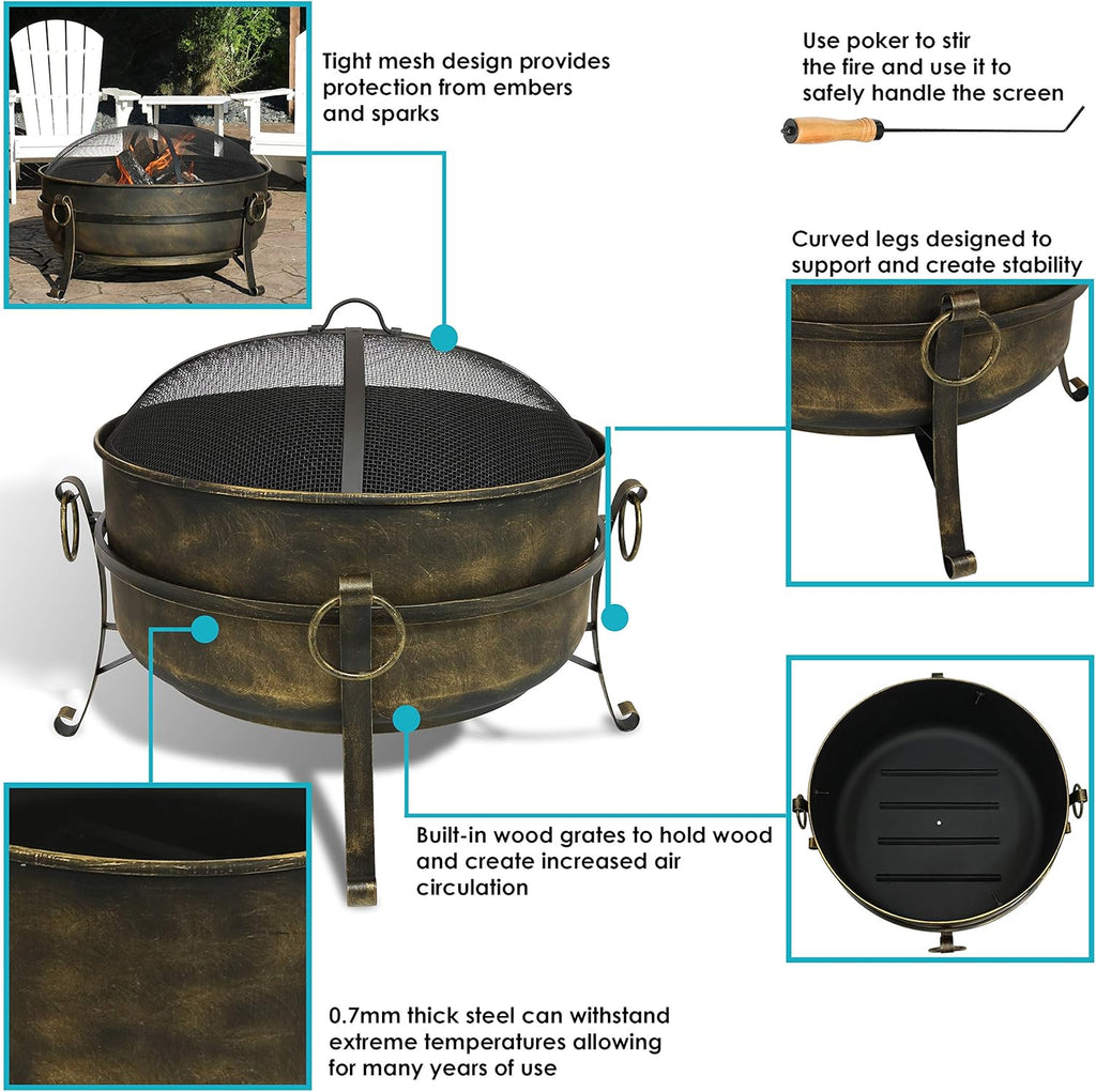 34-Inch Wood-Burning Fire Pit with Spark Screen, Poker, and Grate V397