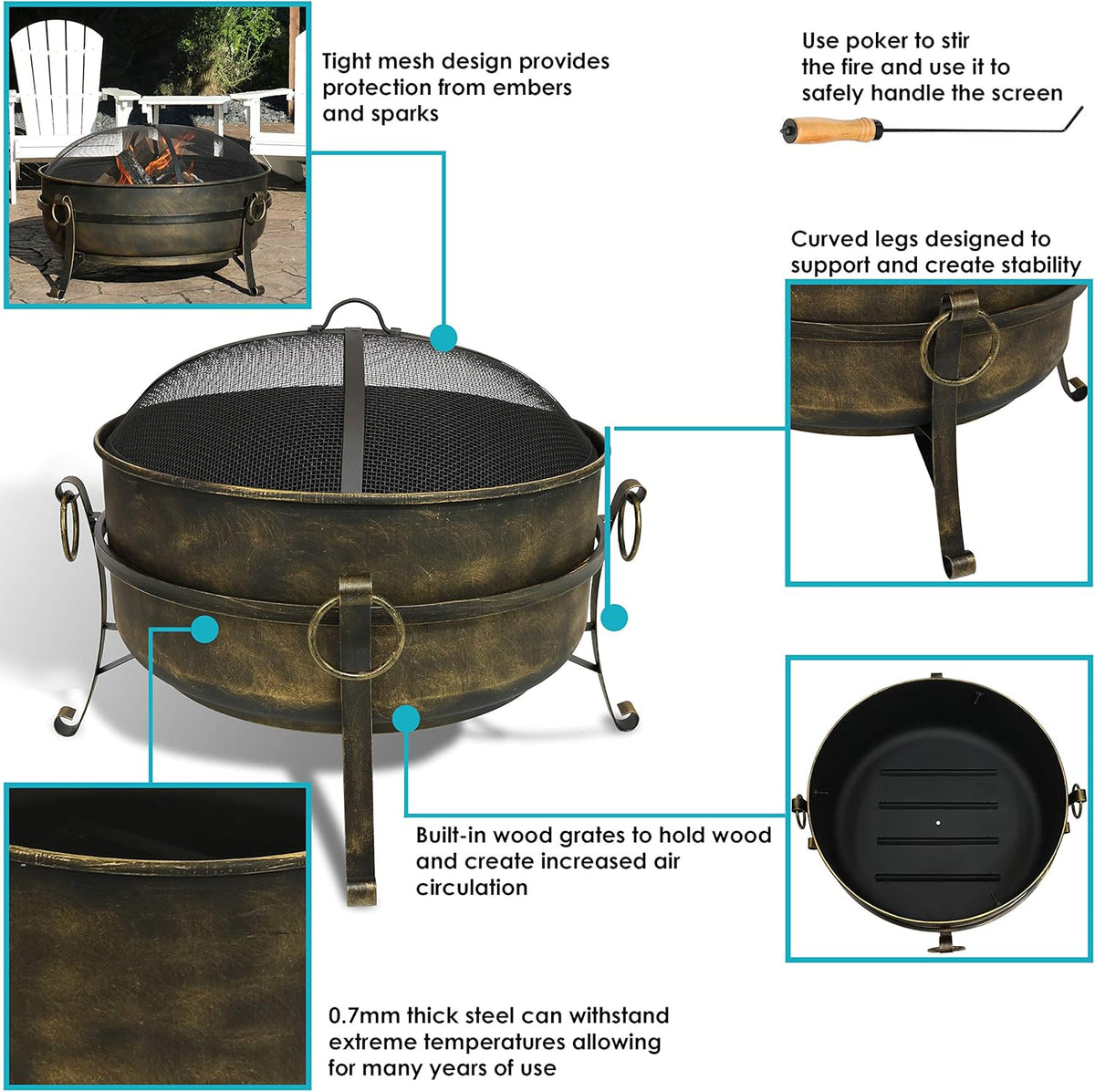 34-Inch Wood-Burning Fire Pit with Spark Screen, Poker, and Grate V397
