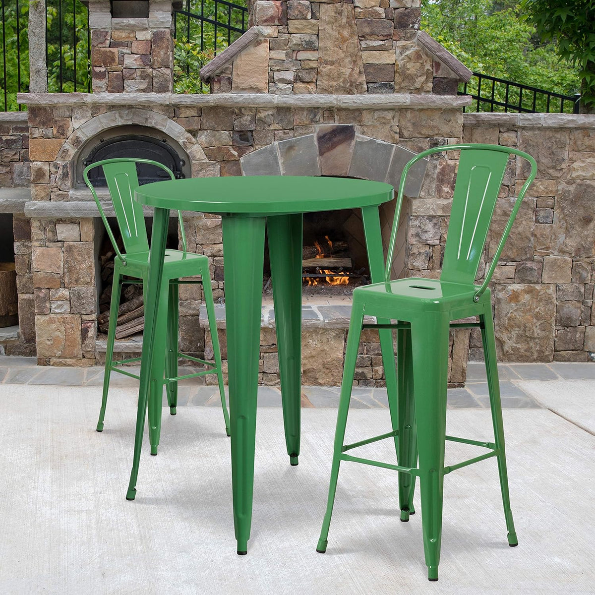 30 Round Silver Metal Indoor-Outdoor Bar Table Set with 2 Cafe Stools B79024