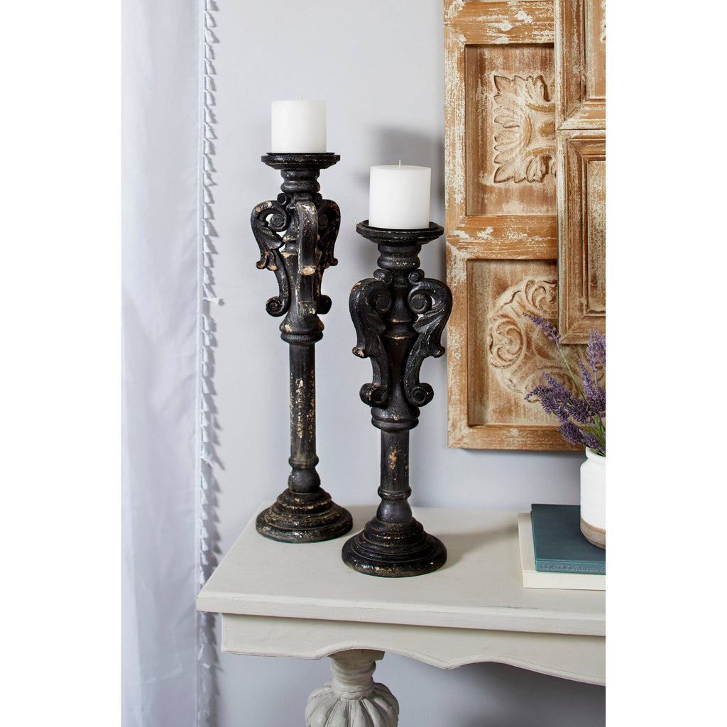 Large Black Carved Wood Candle Holders Set of 2 O99777