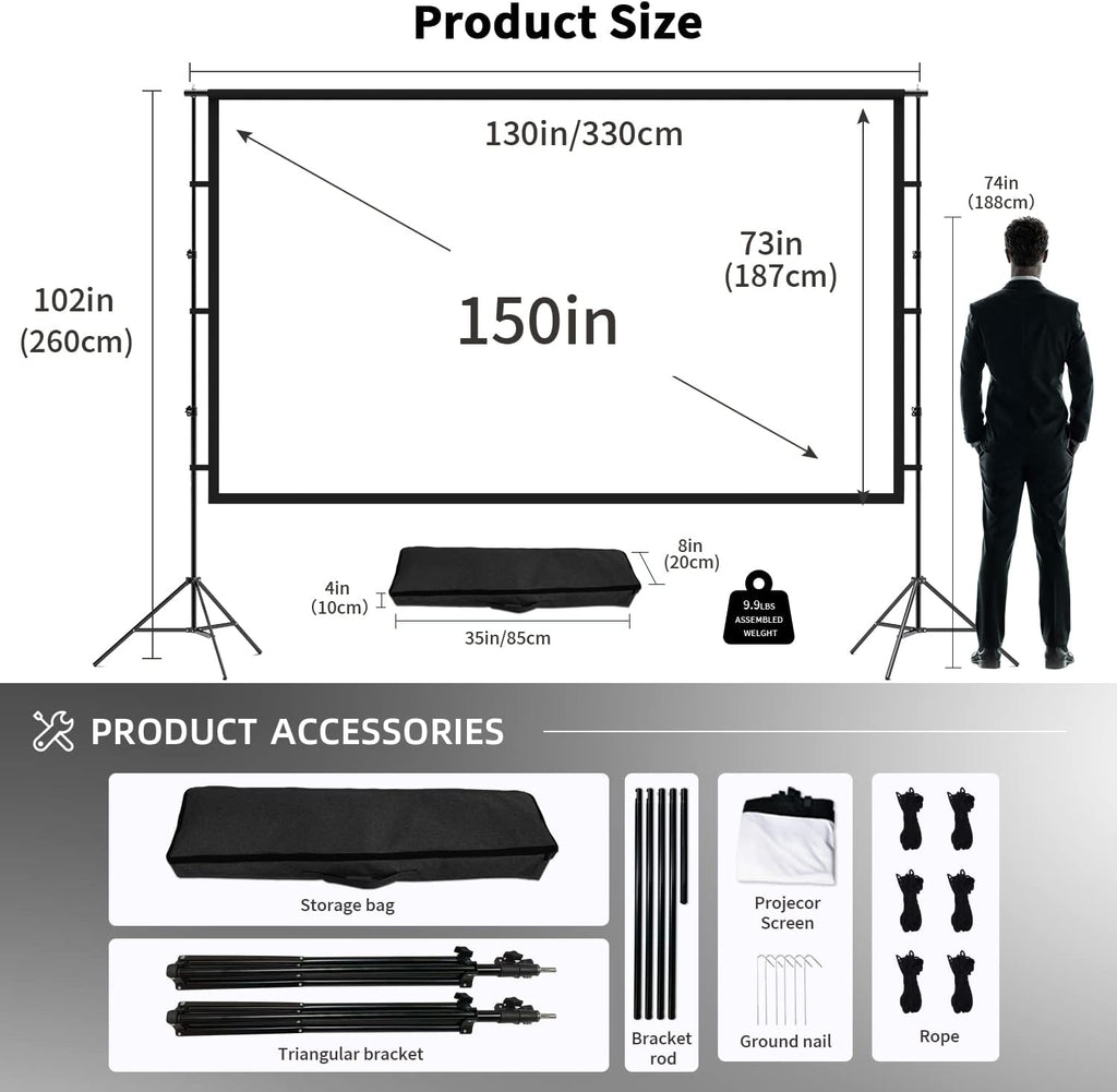 150 inch Portable 16:9 4K HD Projector Screen and Stand with Carry Bag V953