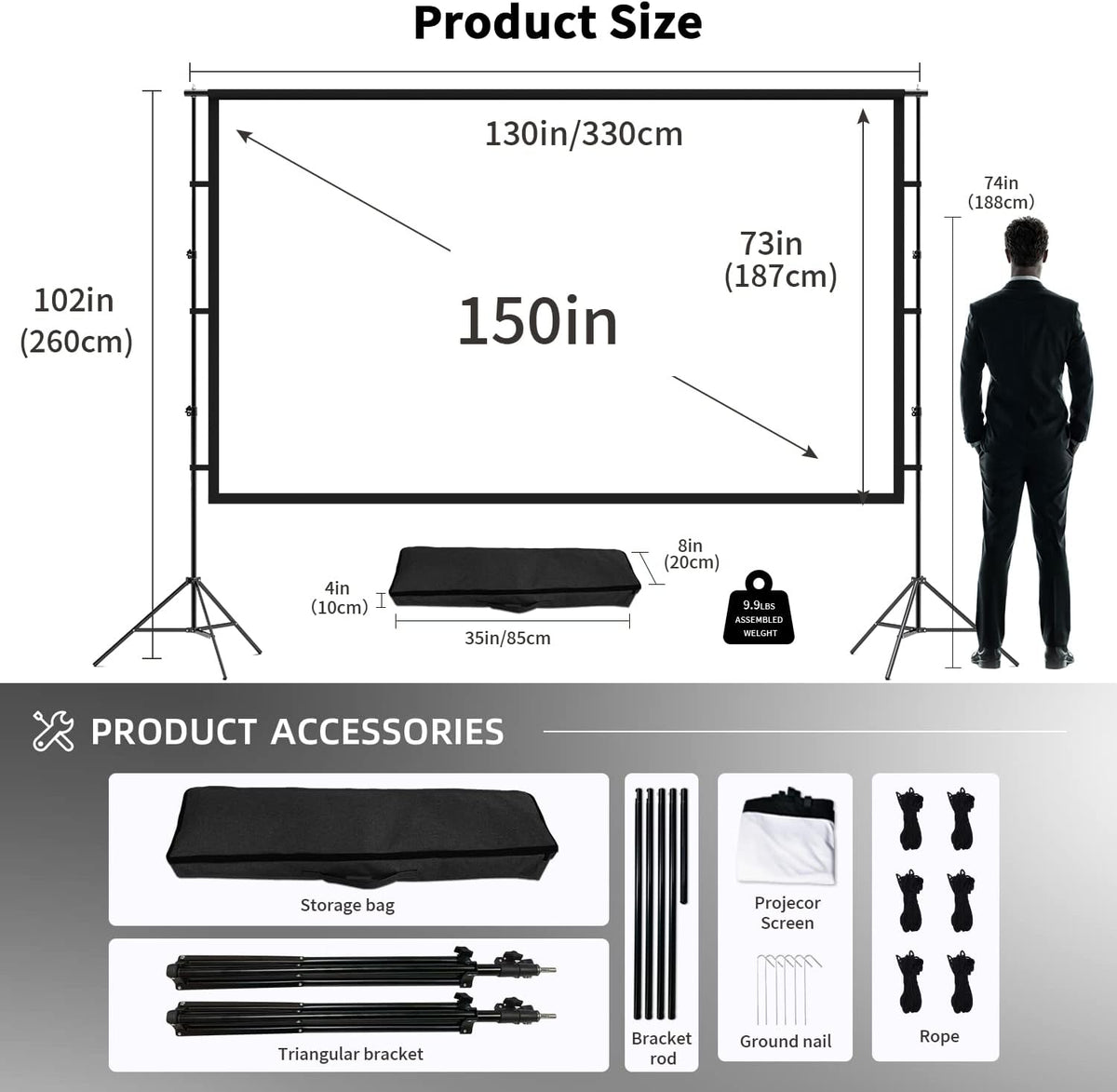 150 inch Portable 16:9 4K HD Projector Screen and Stand with Carry Bag V953