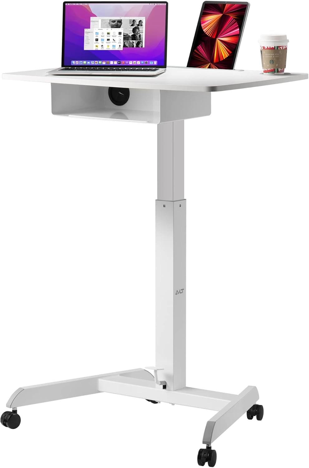White Height Adjustable Rolling Desk with Shelf K66351