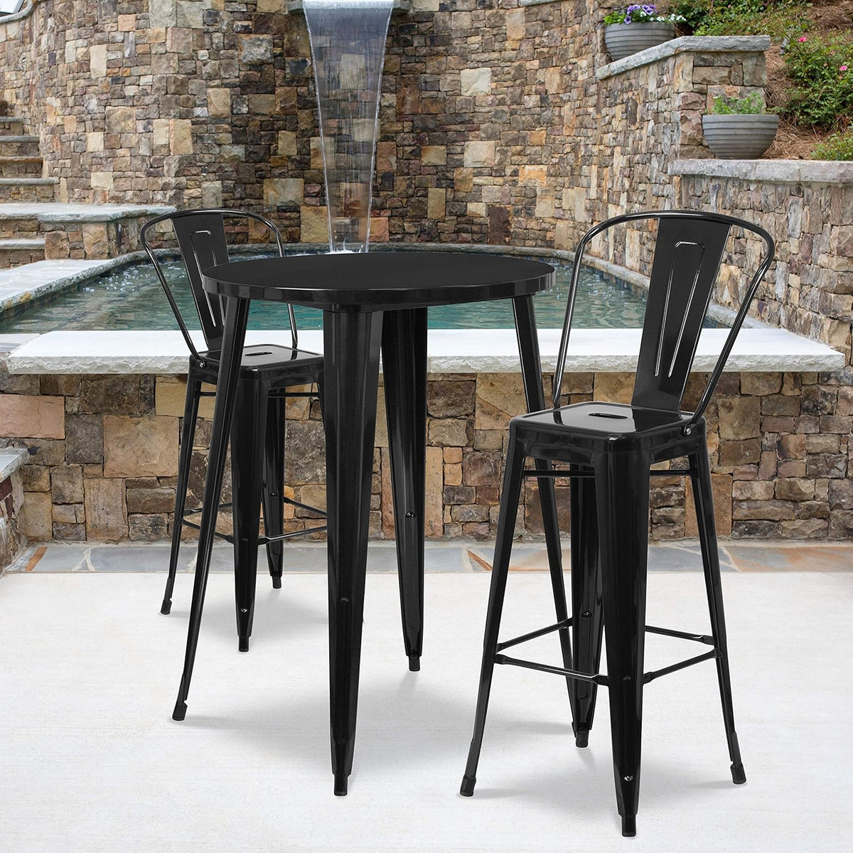 30 Round Silver Metal Indoor-Outdoor Bar Table Set with 2 Cafe Stools B79024