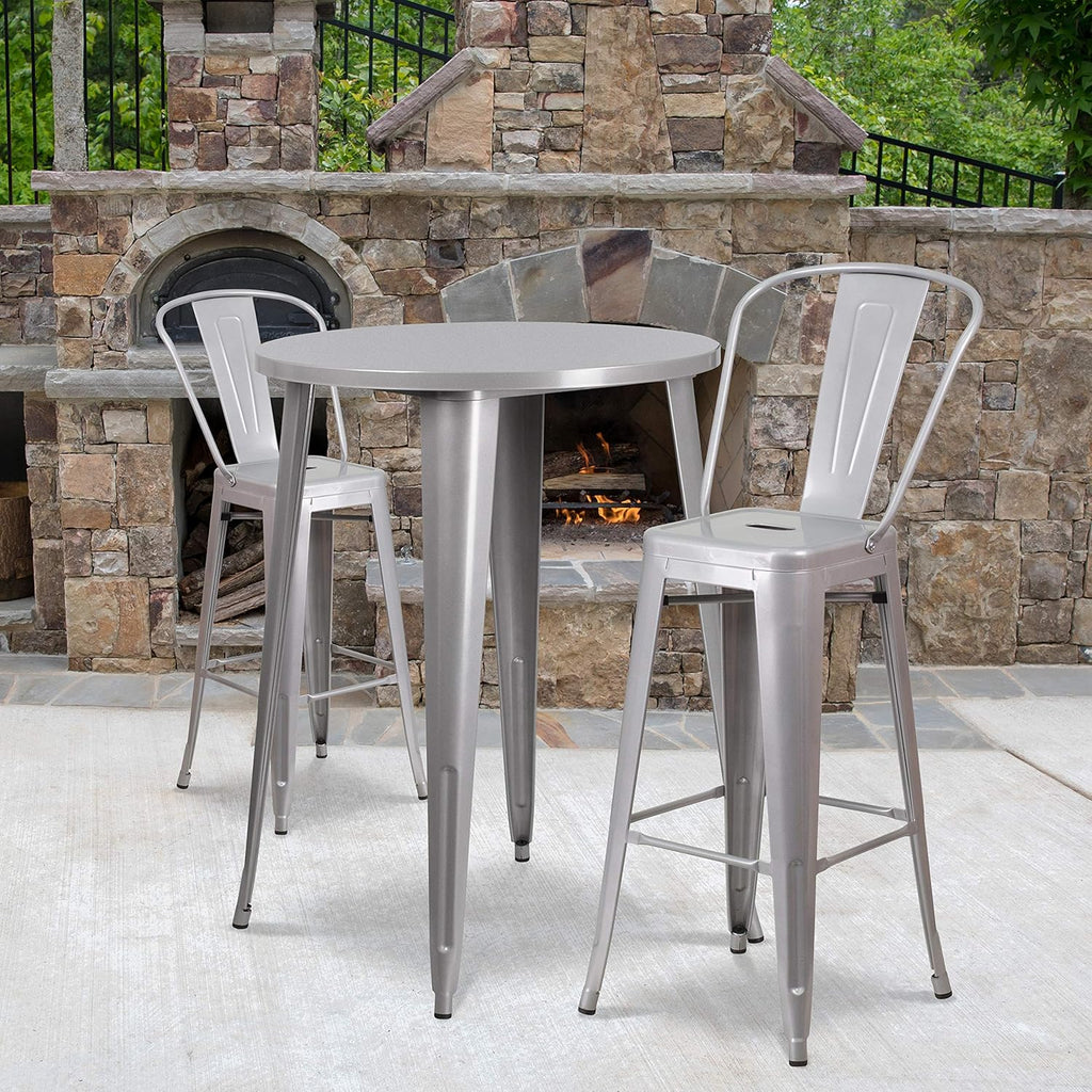 30 Round Silver Metal Indoor-Outdoor Bar Table Set with 2 Cafe Stools B79024