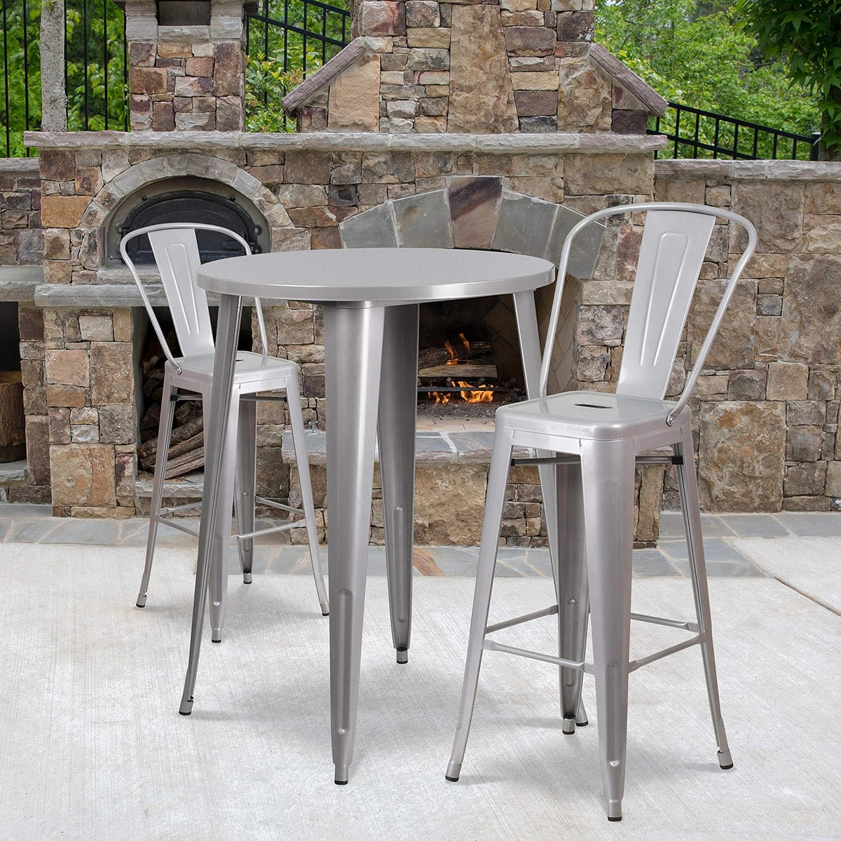30 Round Silver Metal Indoor-Outdoor Bar Table Set with 2 Cafe Stools B79024