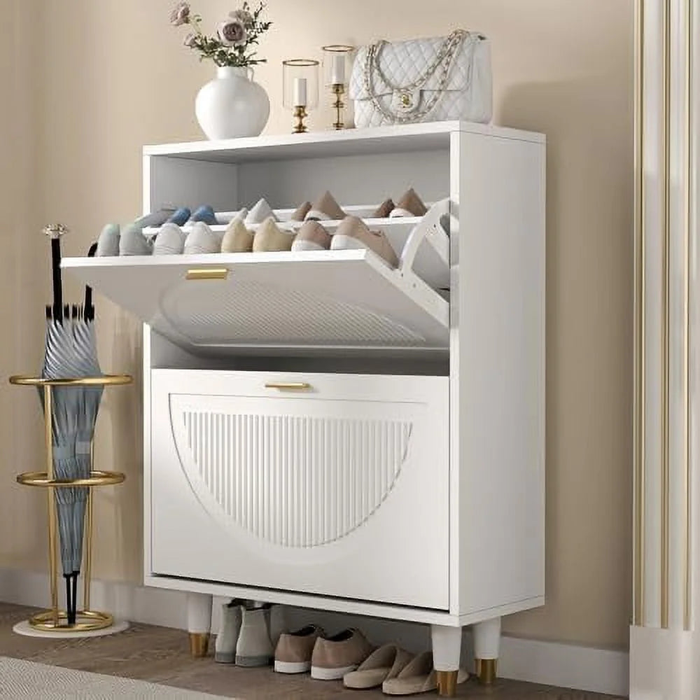 White Slim Narrow Shoe Cabinet with Doors 2 Flip Drawer R8158