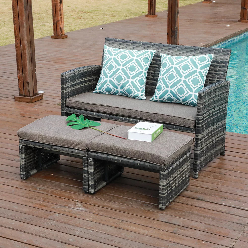 Grey Wicker Rattan Outdoor Loveseat with White Cushions D9345