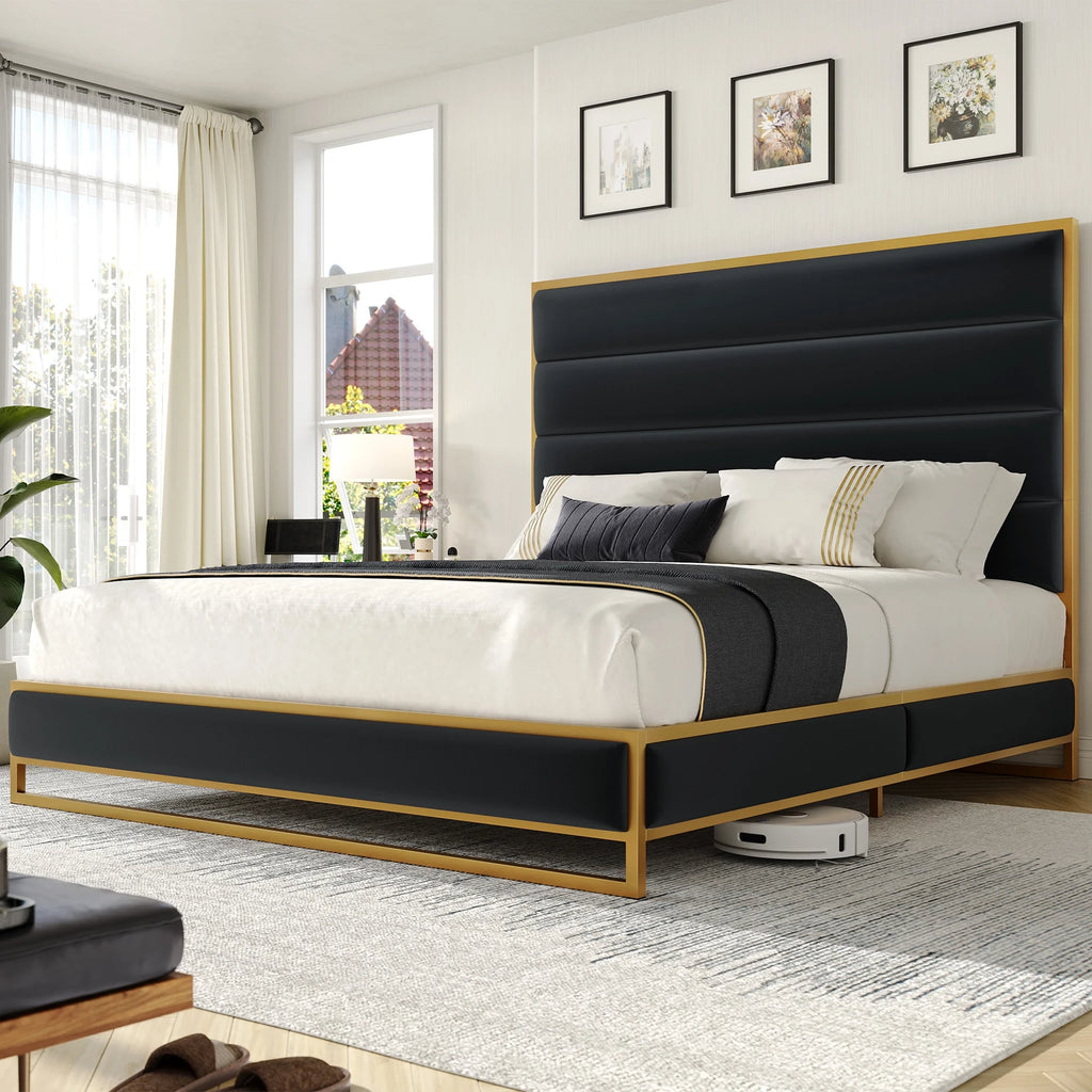 King Size Off-white Velvet Upholstered Platform Bed I451076