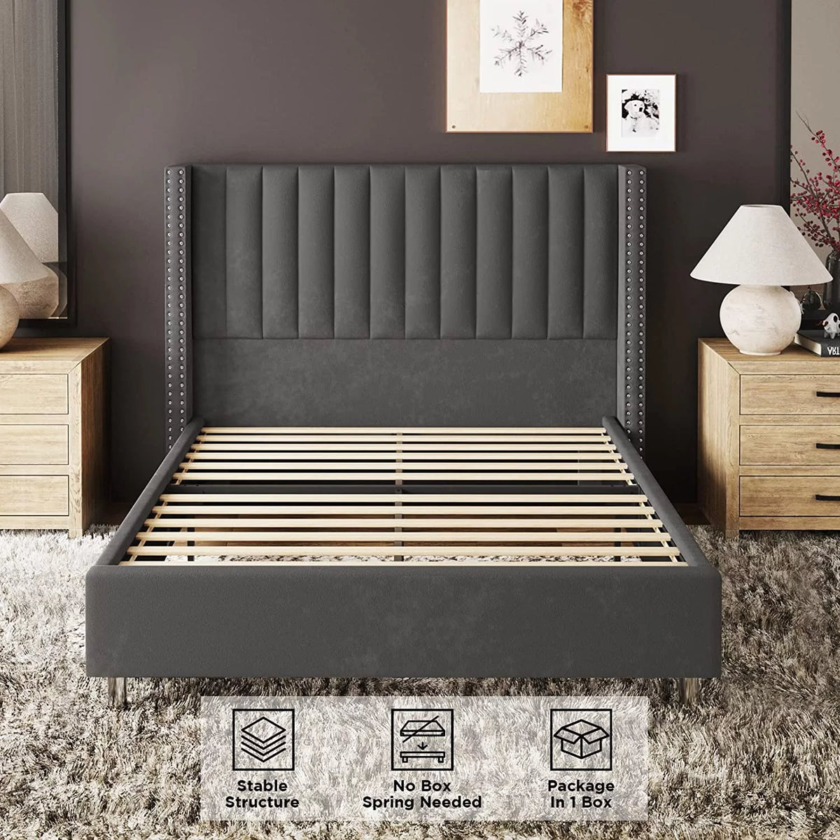 King Size Velvet Upholstered Bed Frame I679