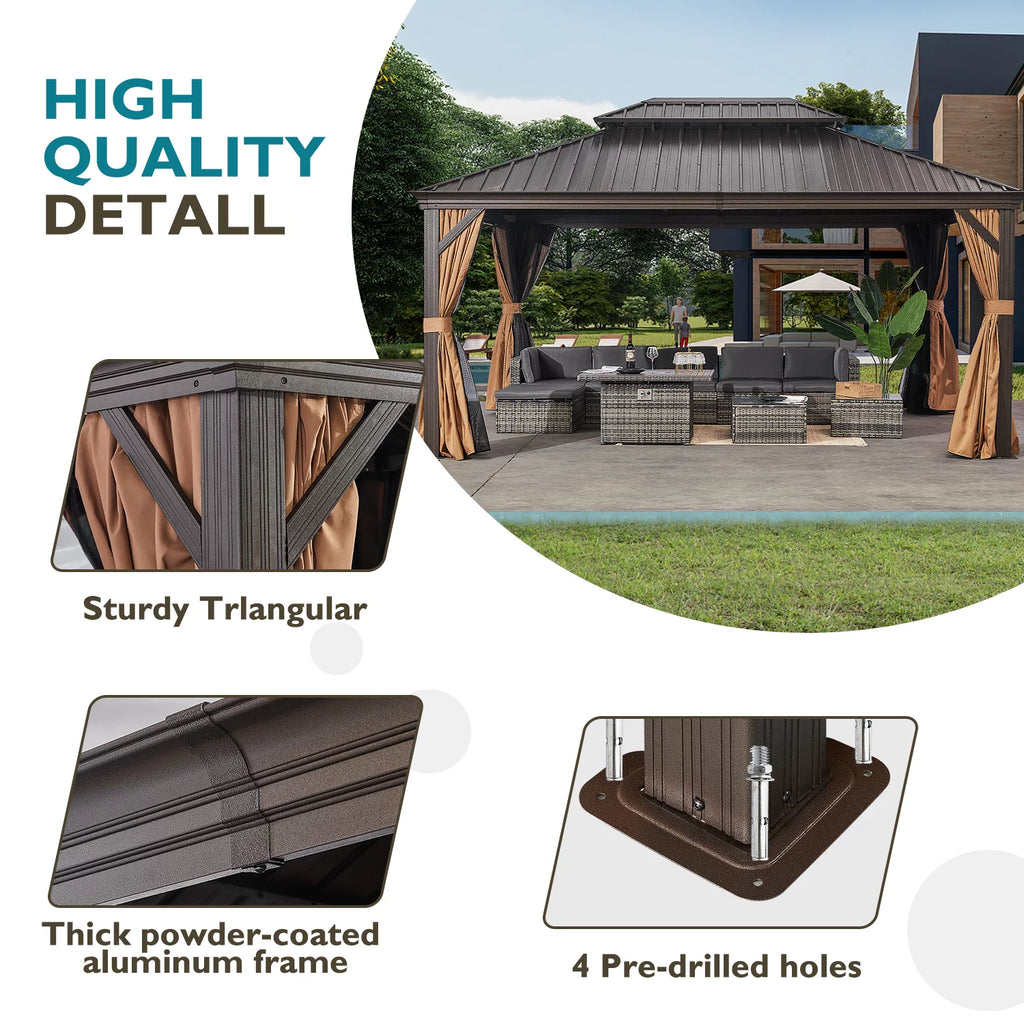 10'x12' Hardtop Steel Aluminum Gazebo with Curtains and Netting W378714
