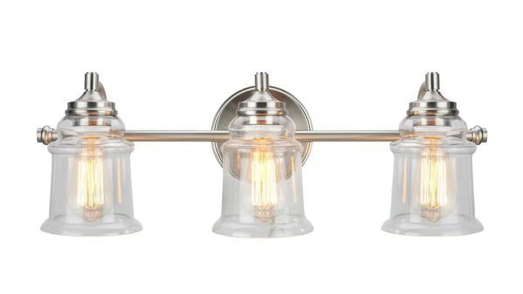 Three-Light Brushed Nickel Bathroom Vanity Wall Light Fixture with Clear Glass Shade L96035