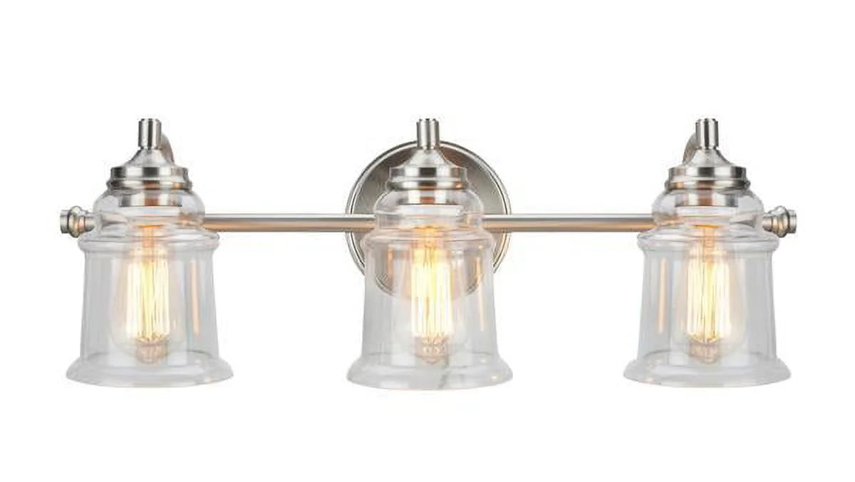 Three-Light Brushed Nickel Bathroom Vanity Wall Light Fixture with Clear Glass Shade L96035