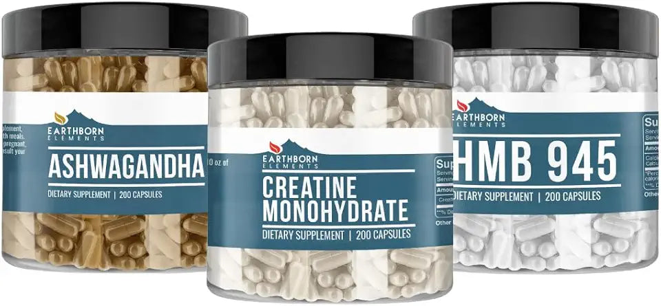 Creatine Monohydrate, HMB Powder & Ashwagandha Capsules 200 Capsules H625