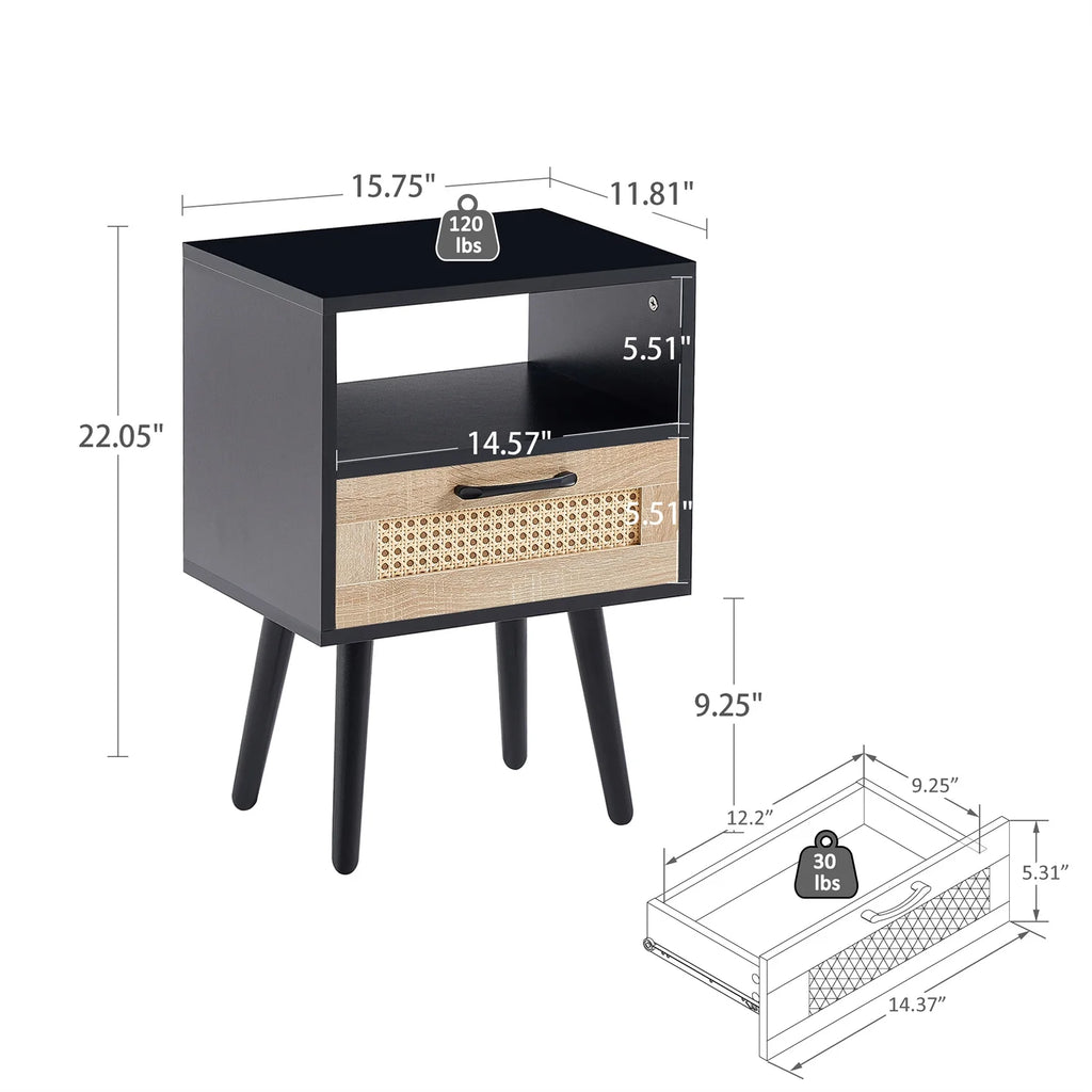 Black Rattan End Table with Drawer and Open Shelf W4007