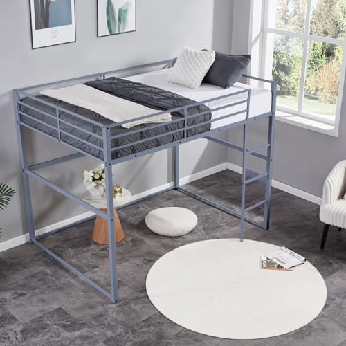 White Twin Metal Loft Bed with Safety Guard Rails P3318