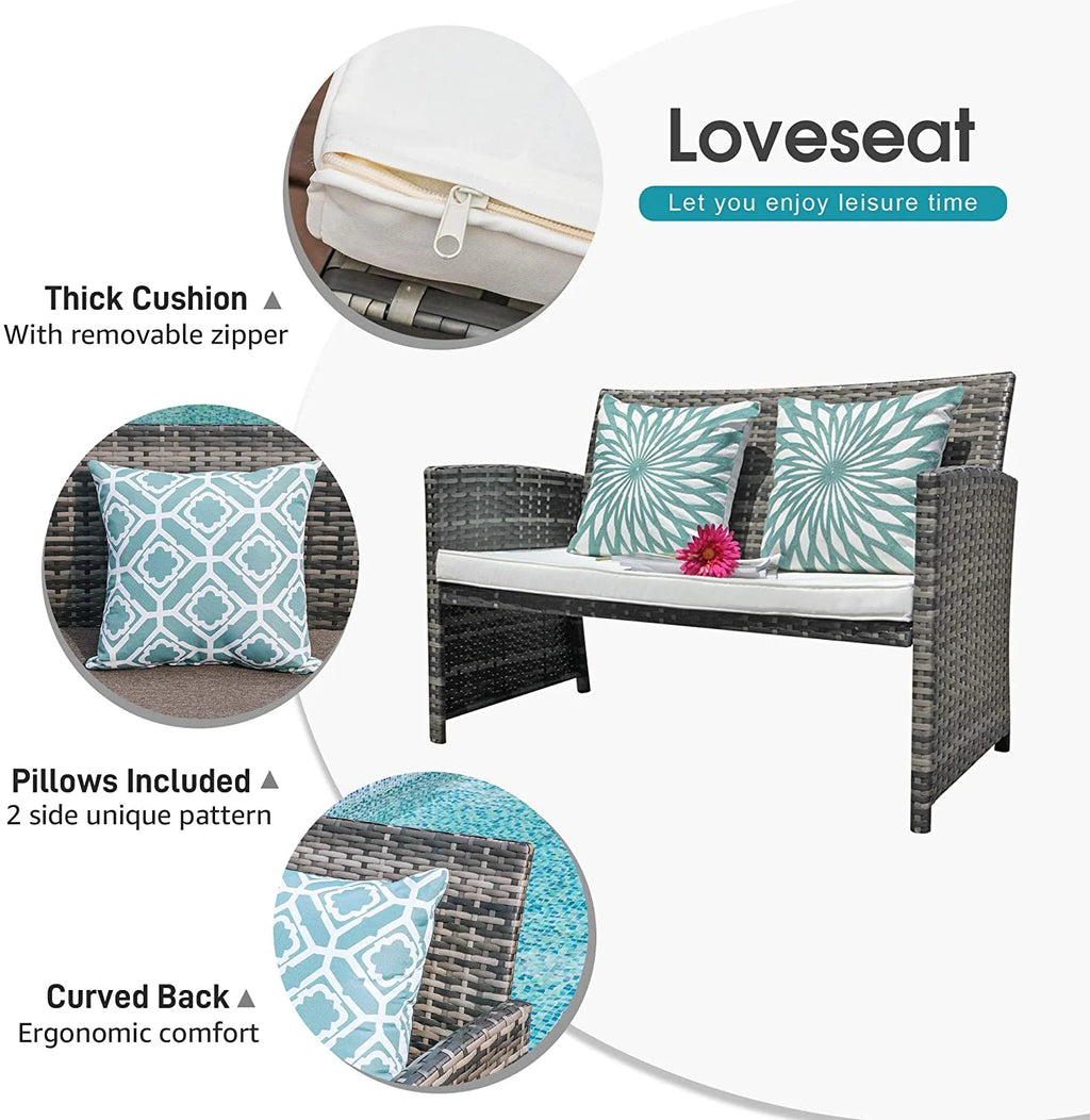 Grey Wicker Rattan Outdoor Loveseat with White Cushions D9345