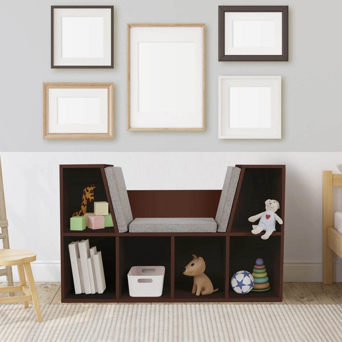 White Kids Storage Cabinet Bookcase with Cushions D6086
