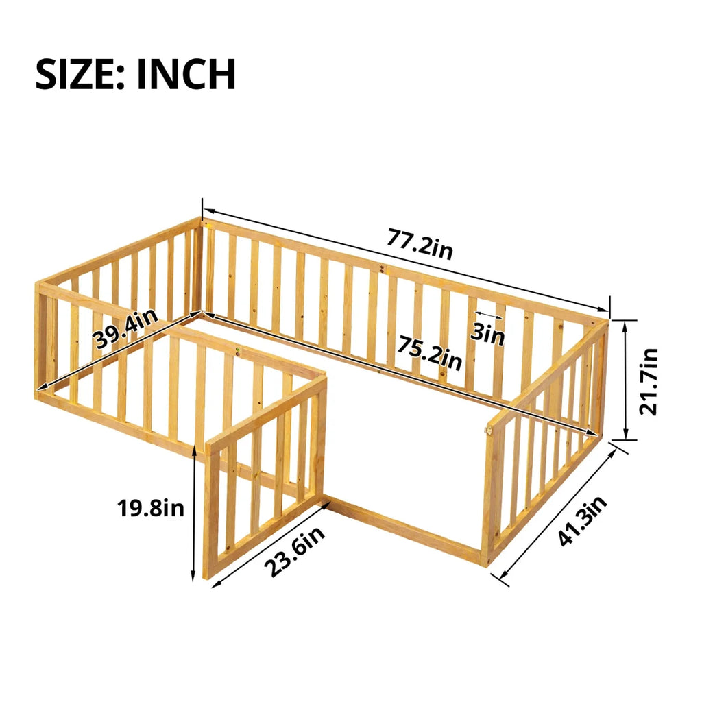 Twin Solid Wood Floor Bed Frame with Door & Safety Guardrails P165875