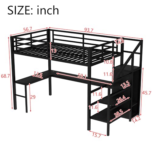 Full Size Metal Loft Bed with L-shaped Desk and Wardrobe D3559