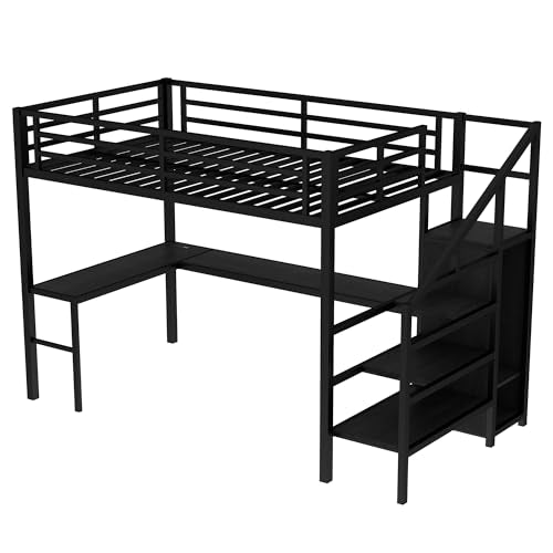 Full Size Metal Loft Bed with L-shaped Desk and Wardrobe D3559