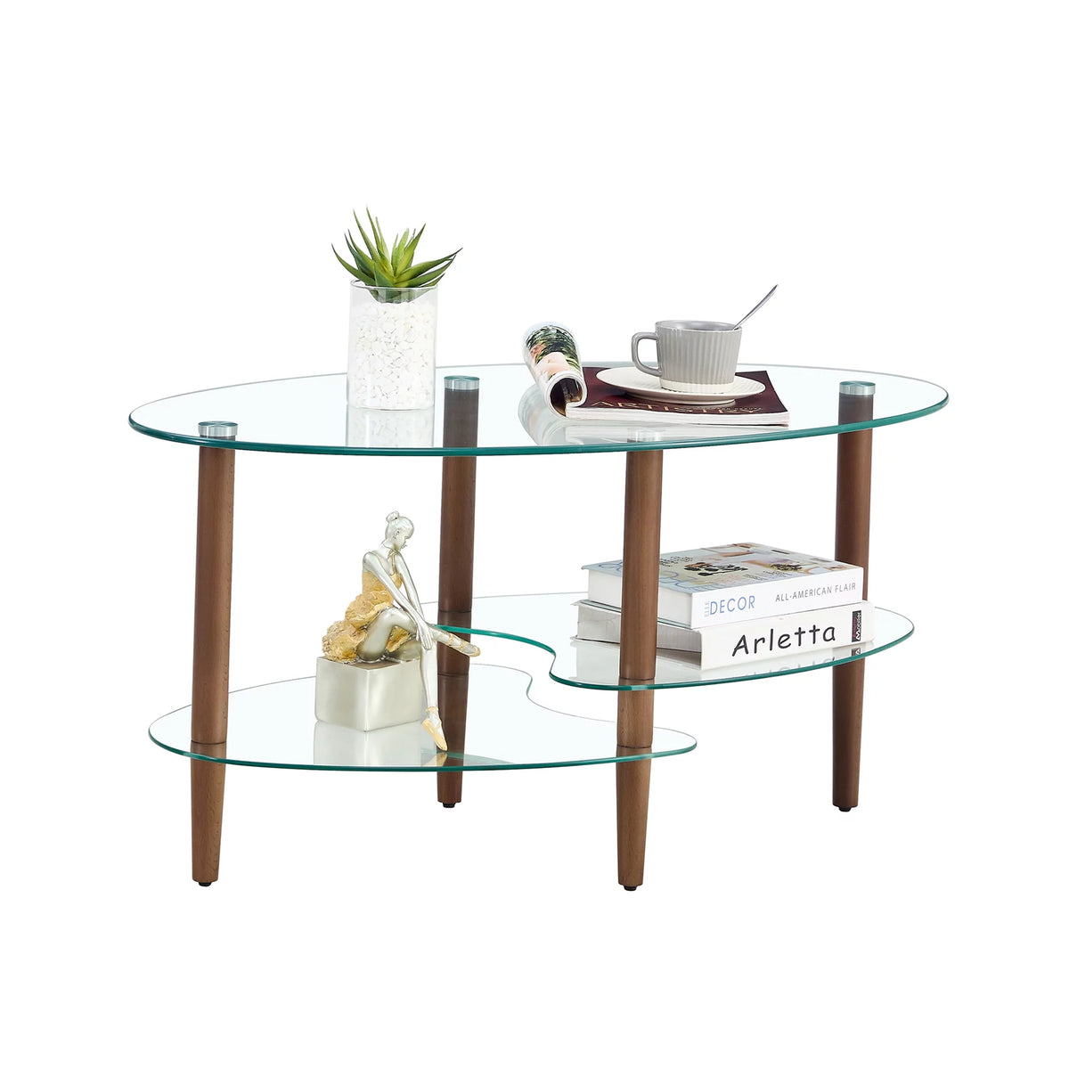 Oval Glass Coffee Table with Oak Wood Legs Z128933