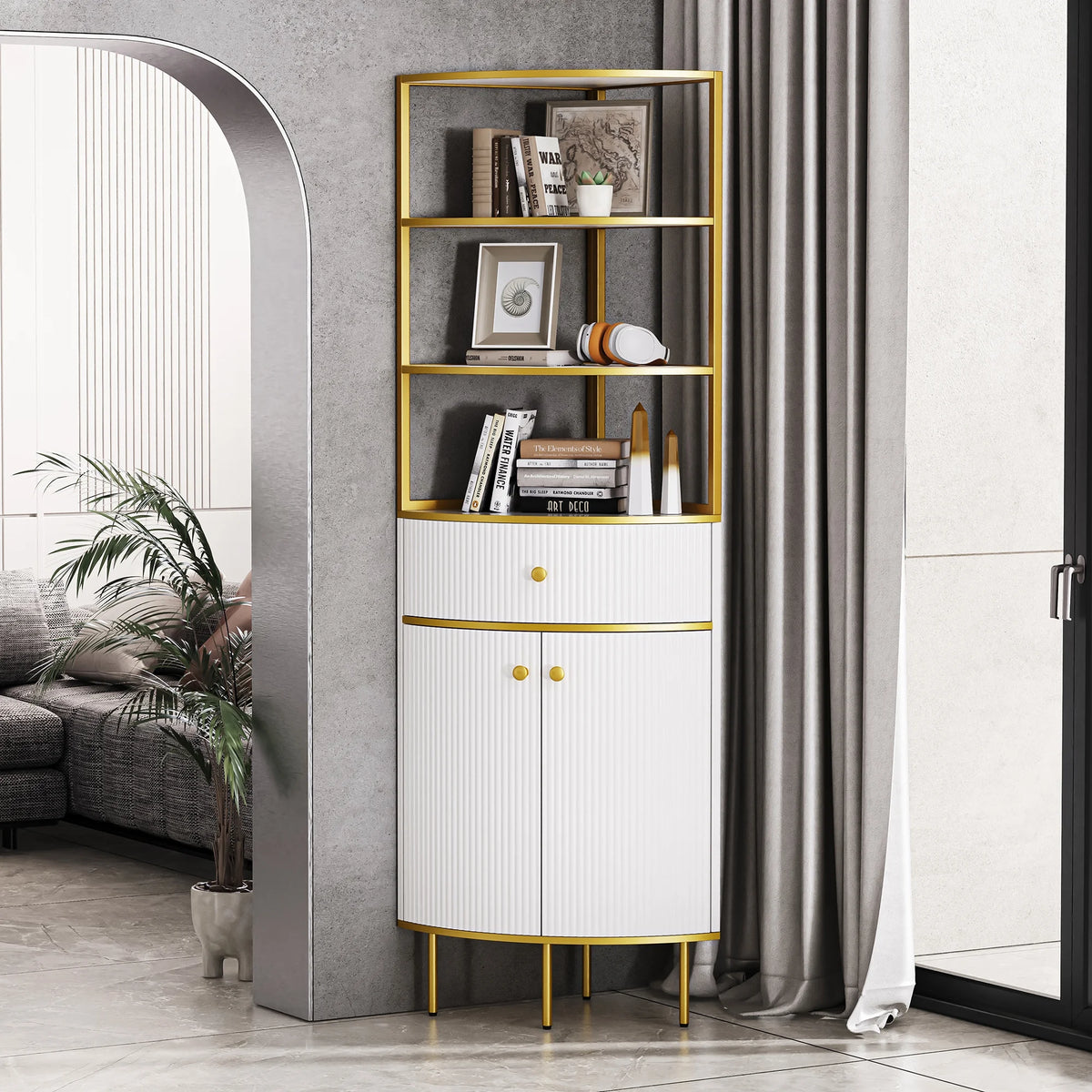 White Wooden Corner Bookshelf with 1 Drawer and 2 Doors A805331