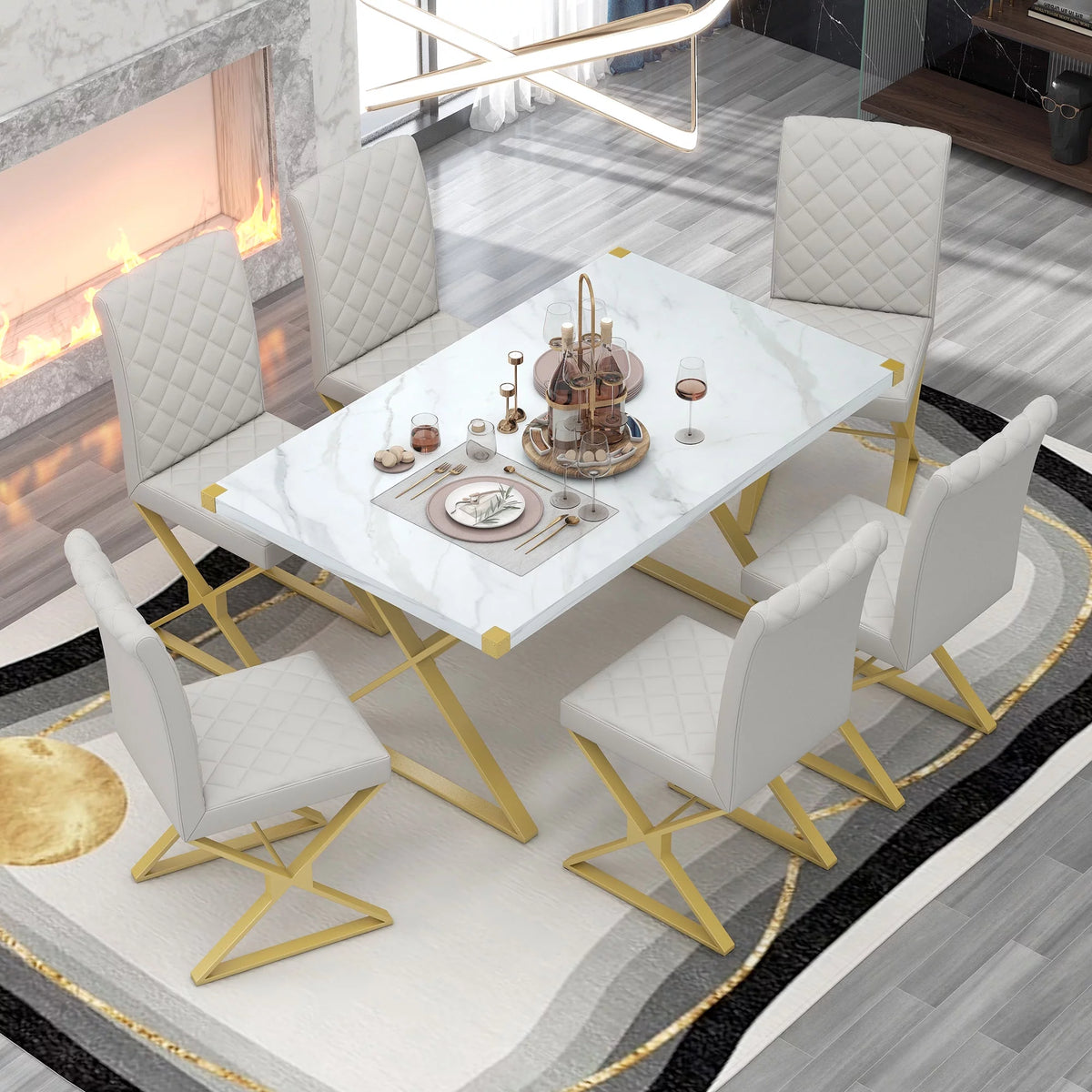 7-Piece Marble Texture Dining Table Set with 6 PU Leather Chairs M9002
