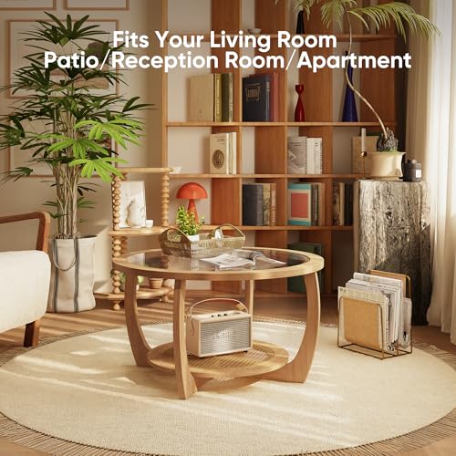 Round Wood Glass Rattan Coffee Table C58588