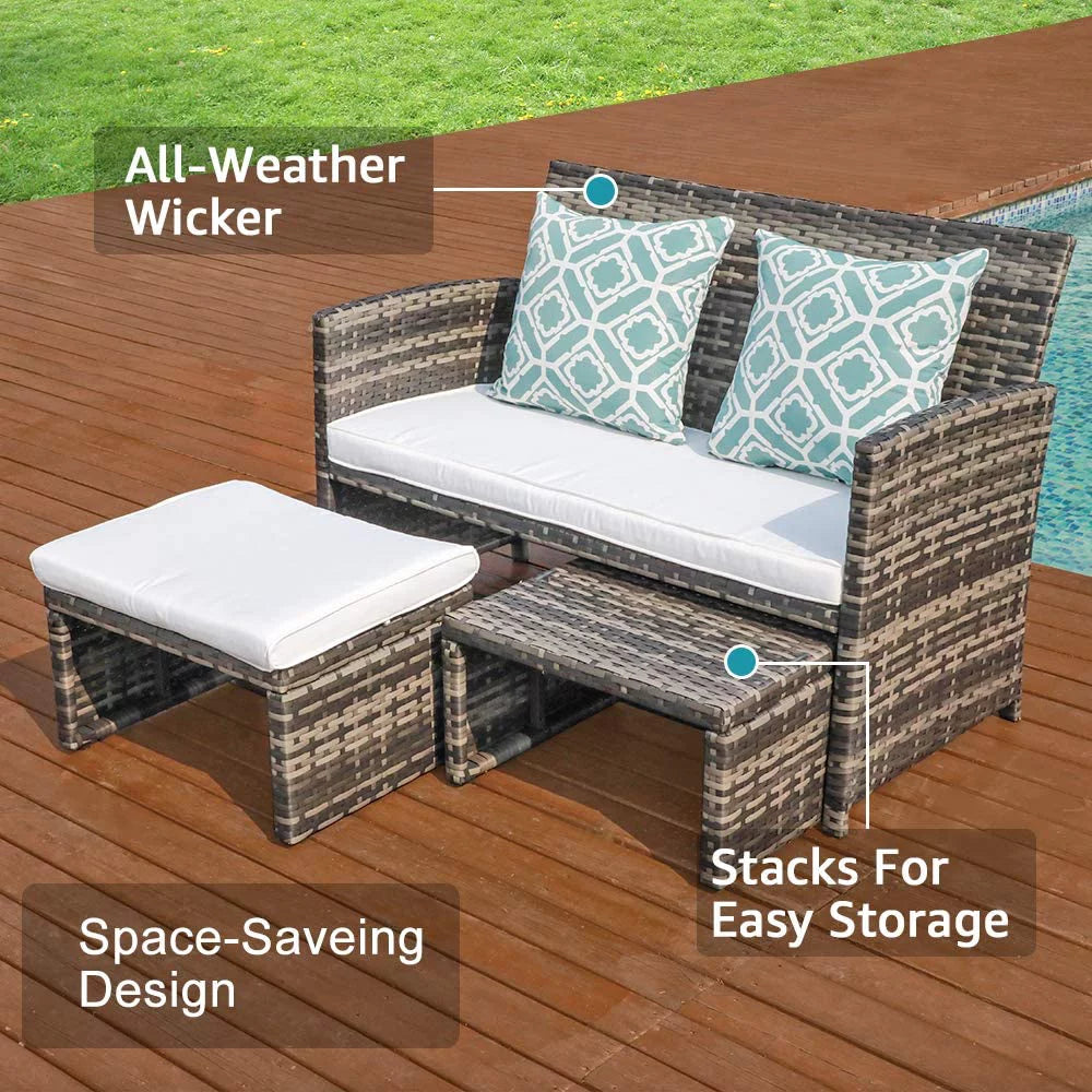 Grey Wicker Rattan Outdoor Loveseat with White Cushions D9345