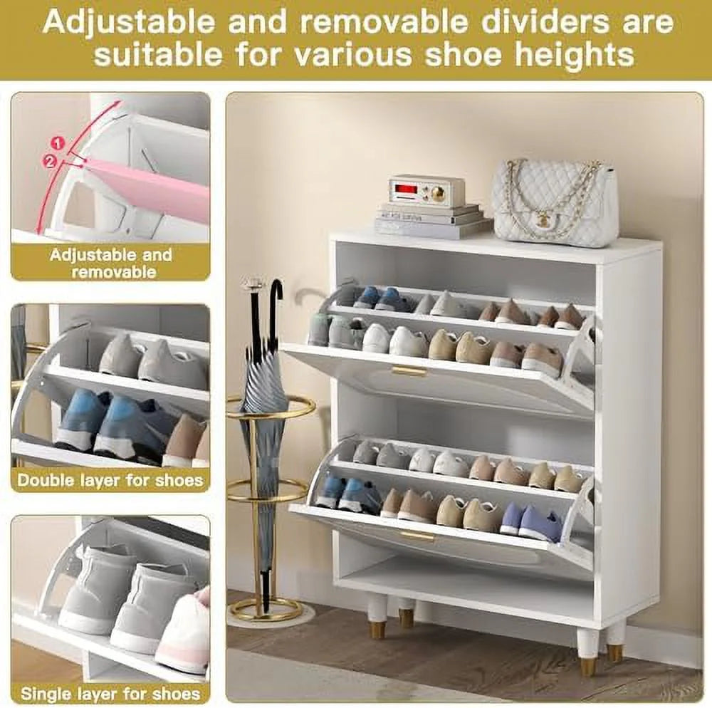 White Slim Narrow Shoe Cabinet with Doors 2 Flip Drawer R8158