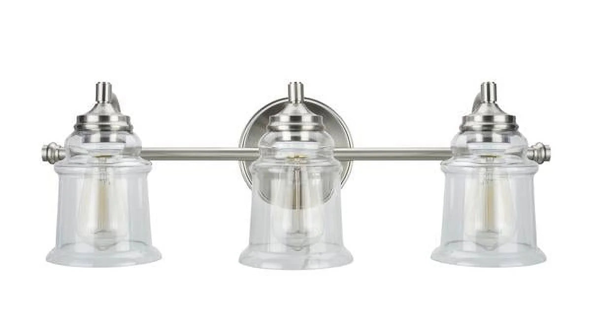 Three-Light Brushed Nickel Bathroom Vanity Wall Light Fixture with Clear Glass Shade L96035