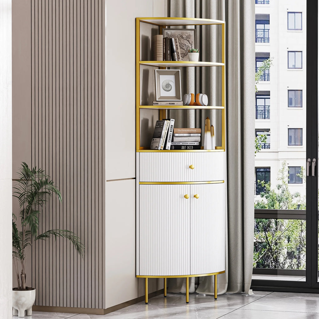 White Wooden Corner Bookshelf with 1 Drawer and 2 Doors A805331