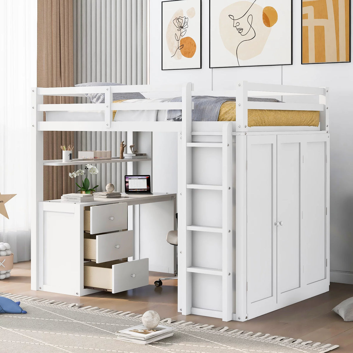 Full Size Wood Loft Bed with Desk and Storage K917312