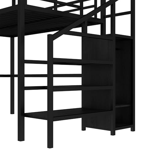 Full Size Metal Loft Bed with L-shaped Desk and Wardrobe D3559