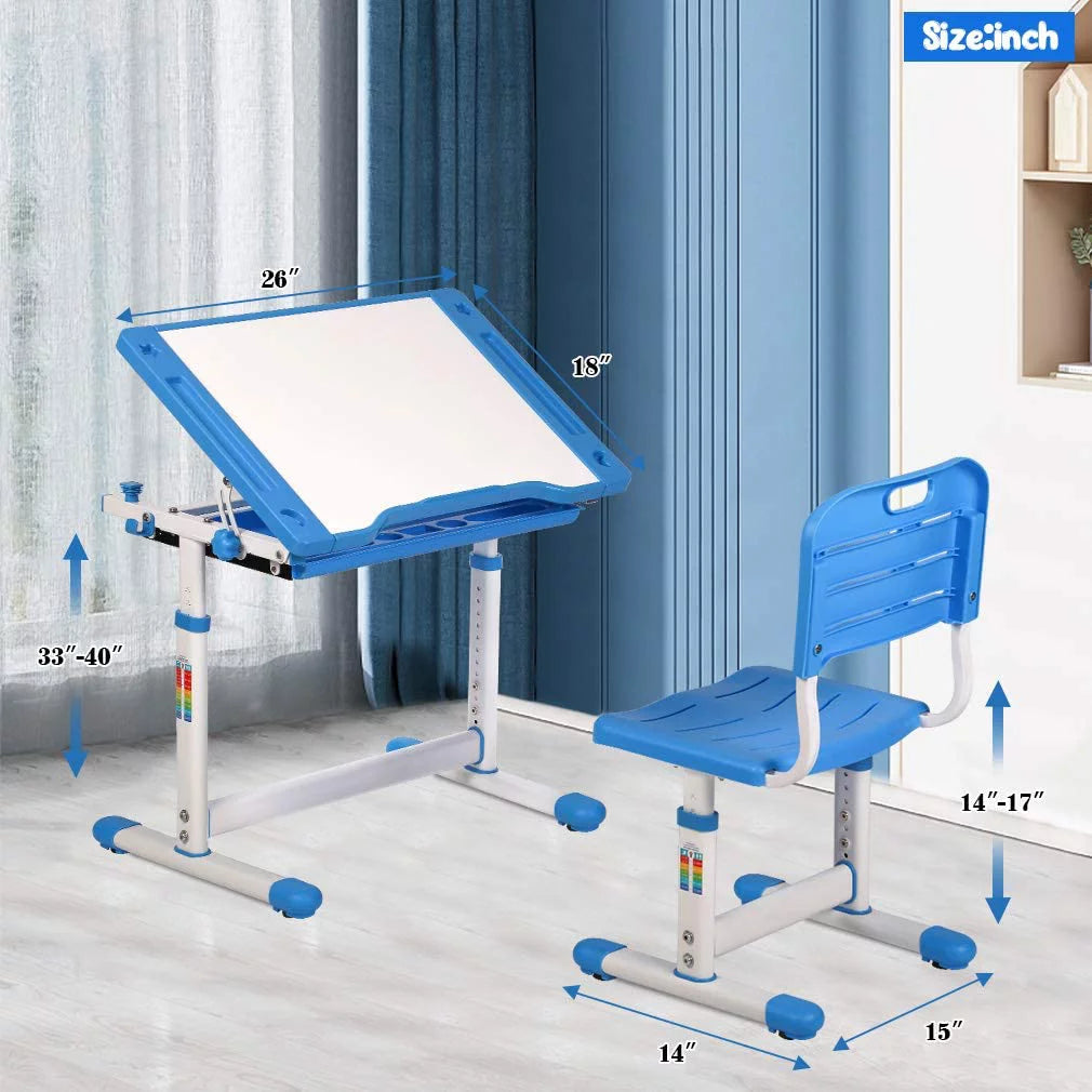 Kids Desk and Chair Set with Tilt Desktop, Height Adjustable, Storage Drawers, Blue D333924