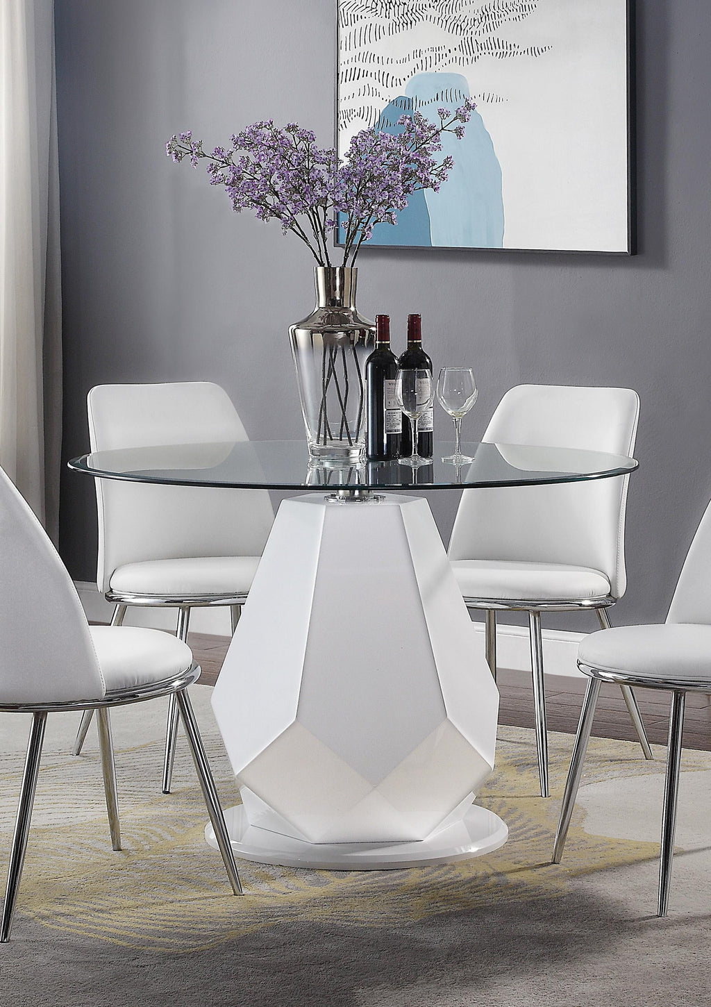 Round Glass Top White Dining Table Set 5Pcs C9405