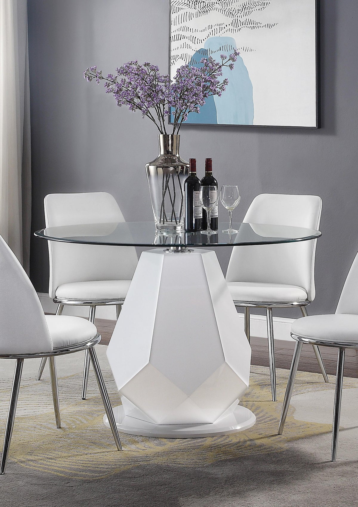 Round Glass Top White Dining Table Set 5Pcs C9405