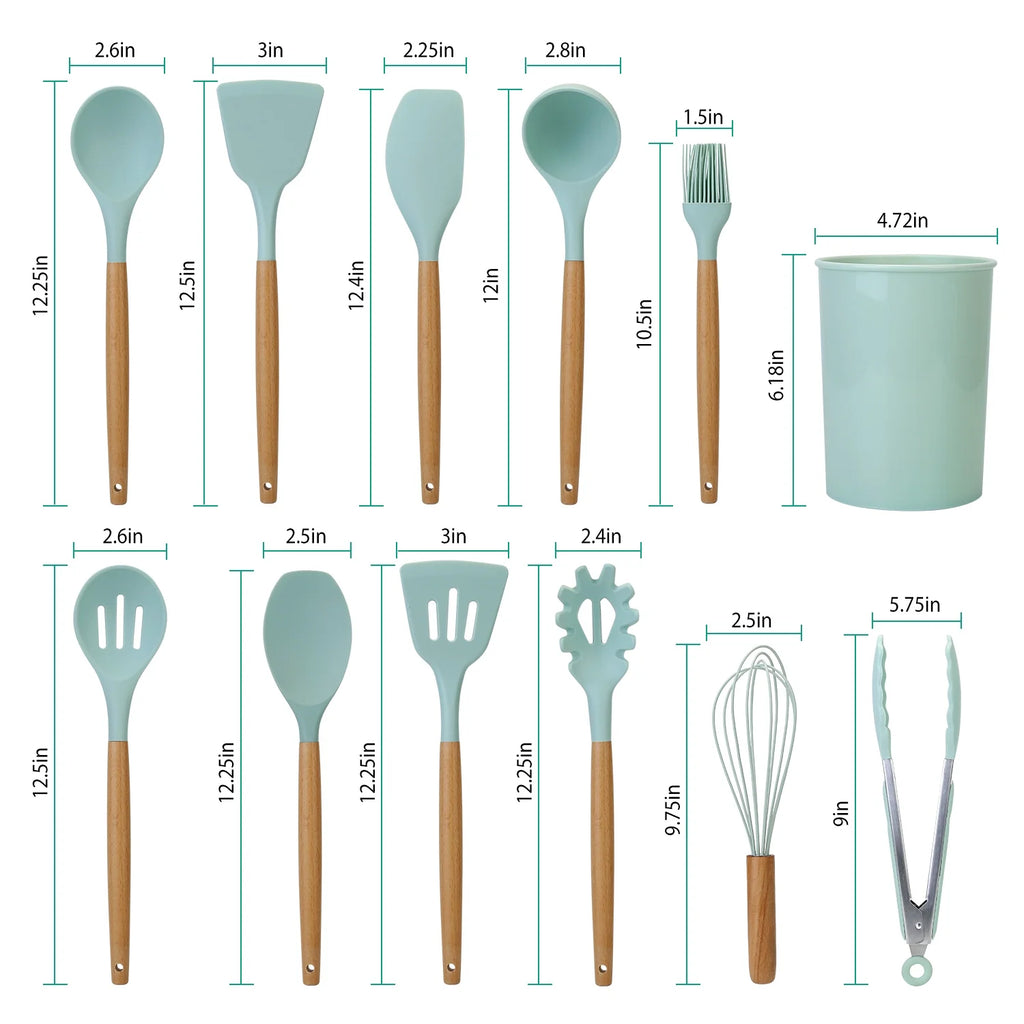 11-Piece Silicone Cooking Utensil Set with Wooden Handles, Green M95524