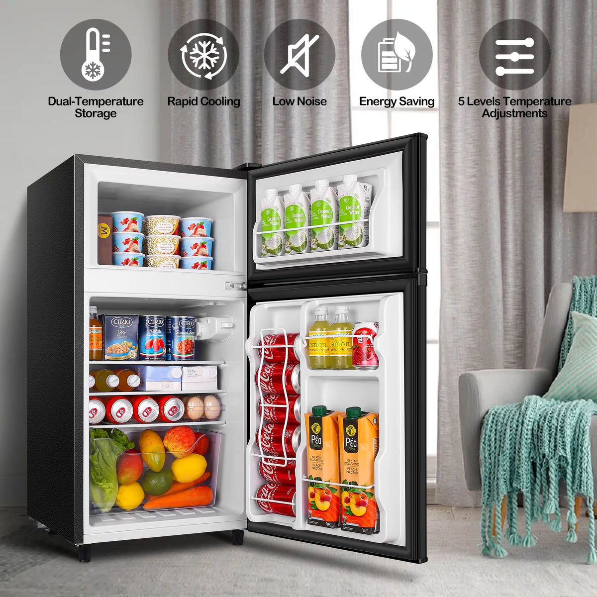 Two Door Mini Fridge with Freezer, 3.5 Cu ft, Black X79490