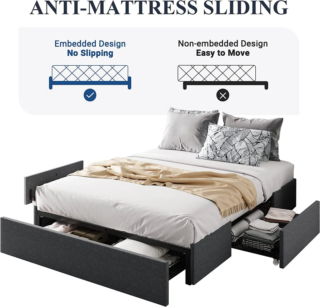 Queen Size Platform Bed Frame with 3 Storage Drawers V654073
