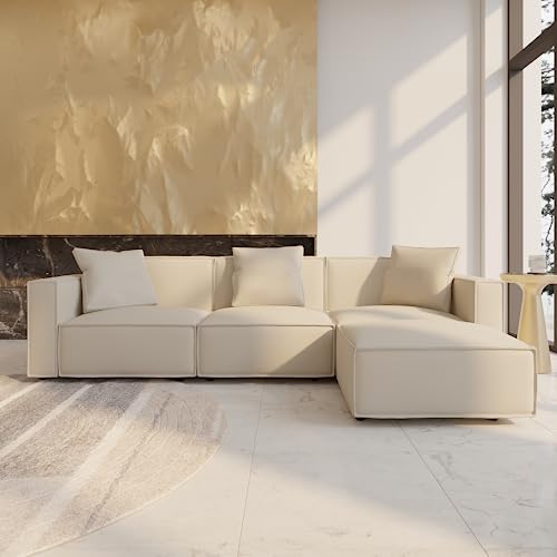 Cream L-Shape Sectional Sofa with Ottoman and Chaise V7823