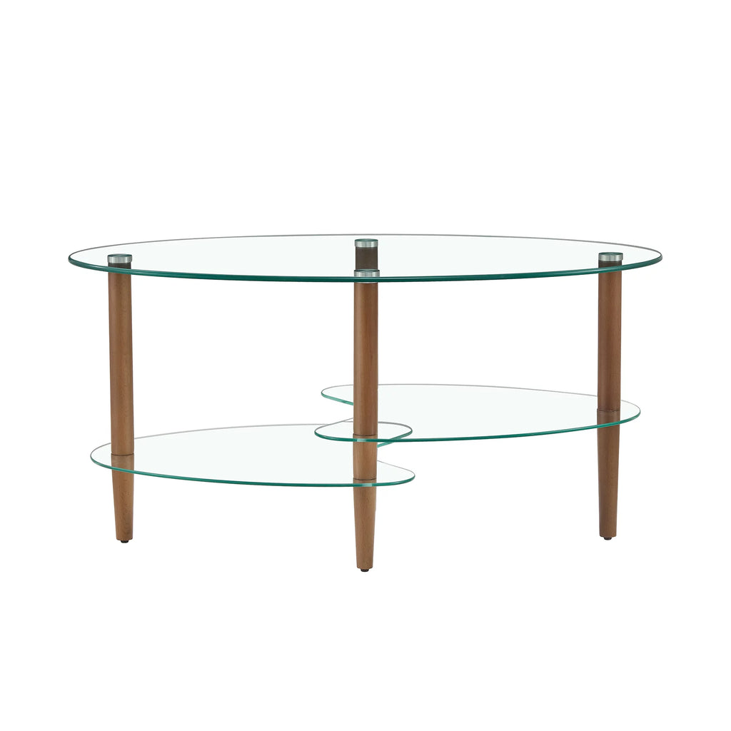 Oval Glass Coffee Table with Oak Wood Legs Z128933