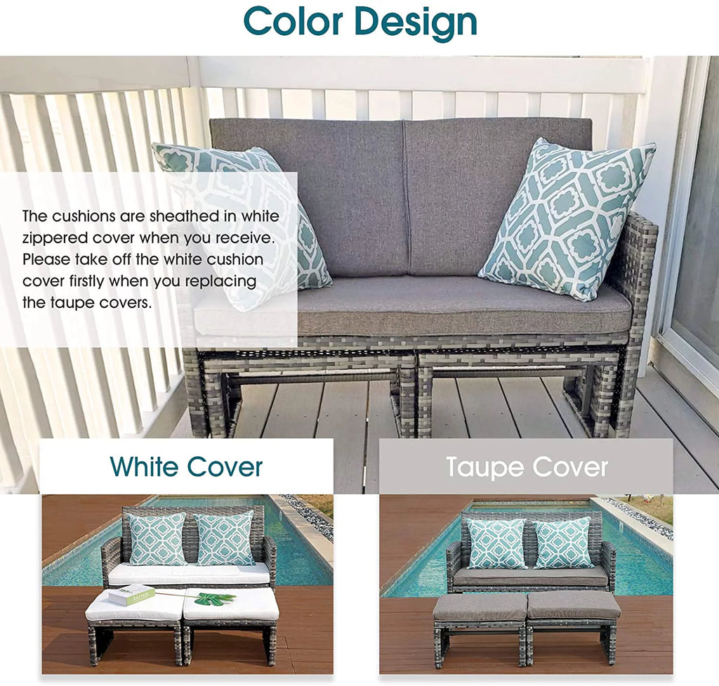 Grey Wicker Rattan Outdoor Loveseat with White Cushions D9345