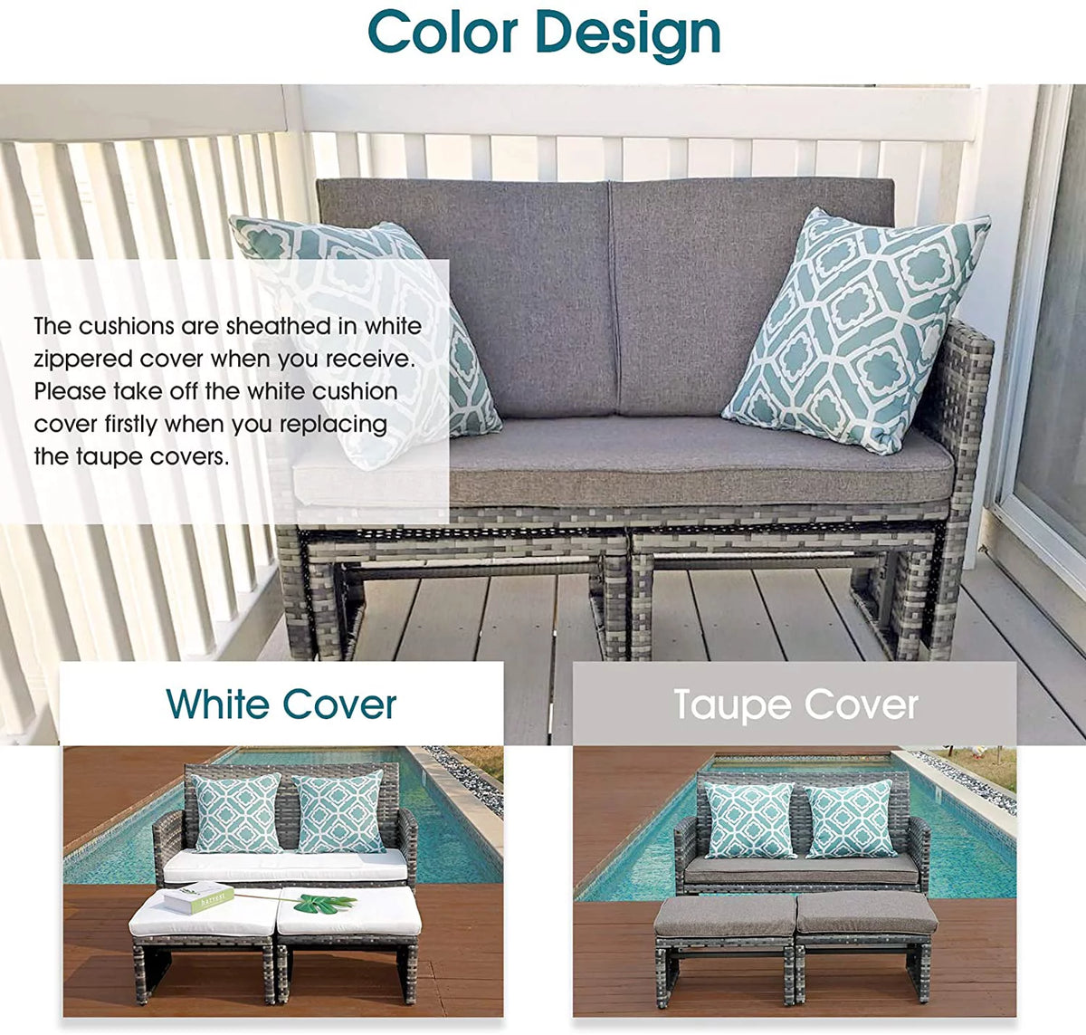 Grey Wicker Rattan Outdoor Loveseat with White Cushions D9345