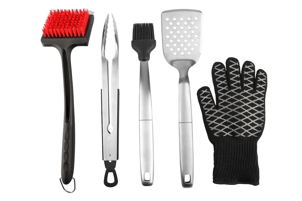 5 Pc BBQ Grill Set with Tongs Spatula Basting Brush Cleaning Brush and Heat Gloves L379344